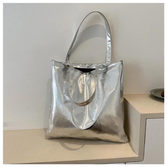 Handbags - Silver Metallic Tote Bag Women's Shoulder Bag Shiny Fashion Handbag Purse